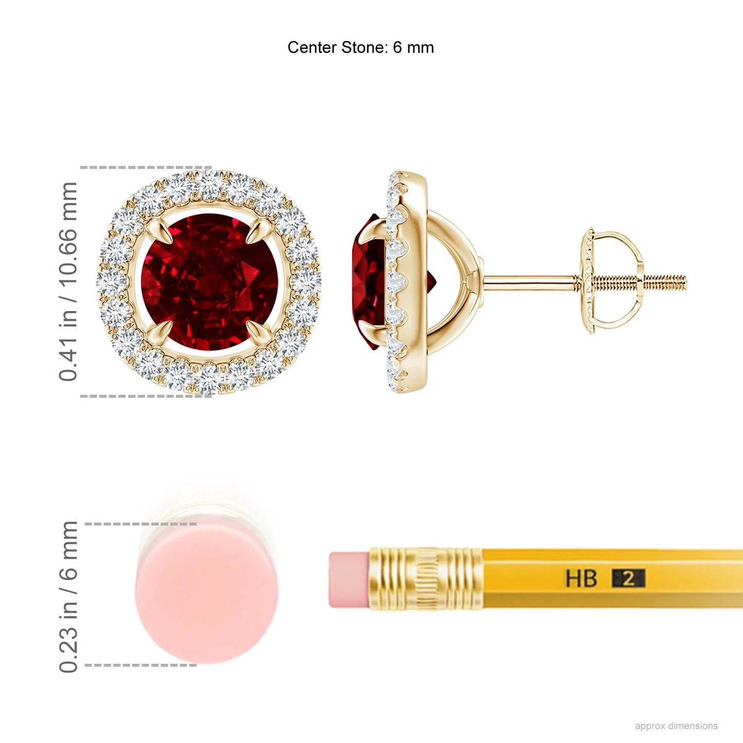 14kt Yellow Gold Natural Ruby Halo Stud Earrings, Round Ruby Diamond Earrings, Screw Back Fine Jewelry for Women Gift for Wife