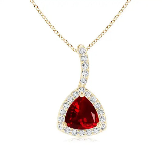 14K Gold Natural Trillion 0.43Ctw Red Ruby Halo Diamond Pendant With Curved Bale Classic Fine Jewelry Anniversary Gift For Her