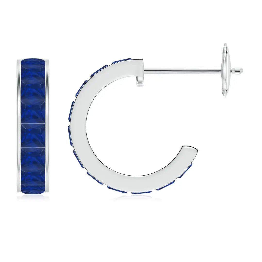Blue Sapphire Hoop Earrings 14kt Yellow Gold Channel Set Princess Cut Sapphire Fine Jewelry for Women