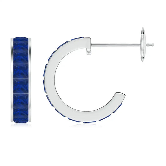 Blue Sapphire Hoop Earrings 14kt Yellow Gold Channel Set Princess Cut Sapphire Fine Jewelry for Women