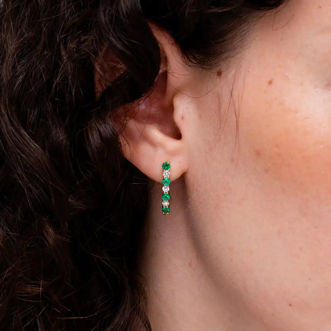 Round Cut Emerald and Diamond Huggie Earrings Fine Jewelry Everyday Wear 14kt Solid Yellow Gold May Birthstone Jewelry