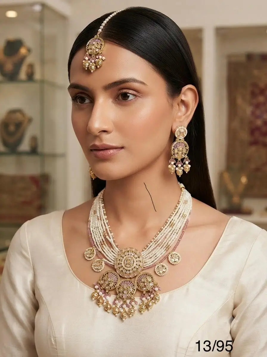Luxury Indian Traditional Imitation Pearl Zircon Choker Necklace Earrings Women Bridal Wedding Jewellery Gold Plated Ethnic