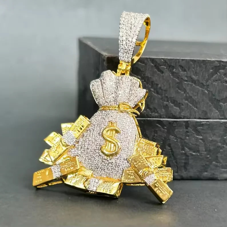 BiG-BOSS Iced Out Hip Hop Luxury Money Bag Pendant for Men Silver Finish Dollar Sign Design Cushion Cut Moissanite Sparkling Stones Party