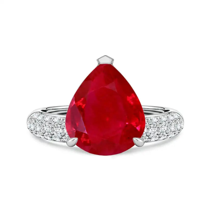 14K Solid Gold Off-Centered Pear Ruby Engagement Ring with Diamond Accents Handmade Customized Fine Jewelry Wedding