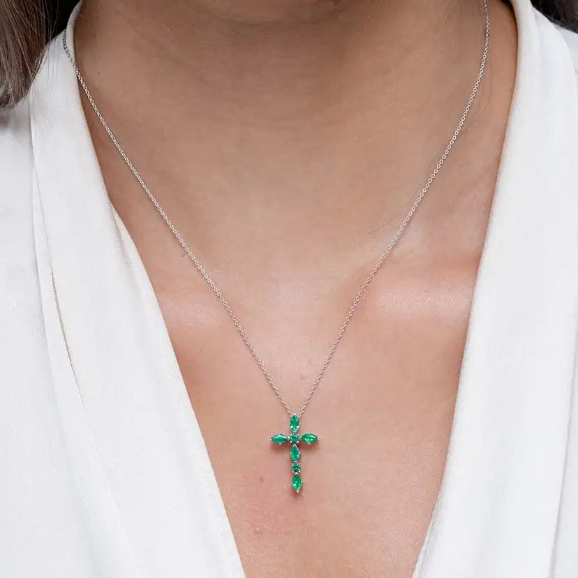 4.25G 14K 18K Gold Marquise & Round 0.78 Ctw Natural Green Emerald Studded Cross Charm Pendant Handmade Luxury Religious Pendant