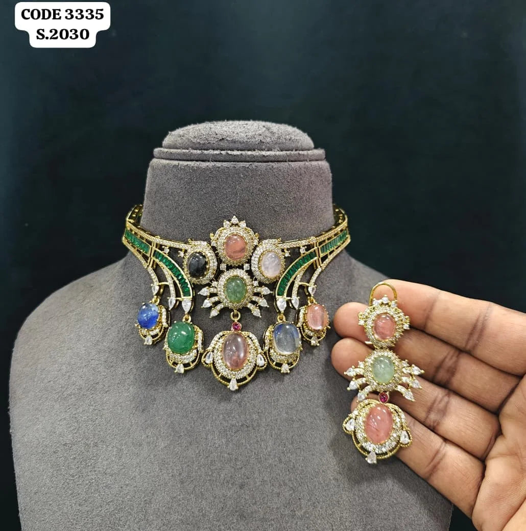 Luxury Multi Stone Bridal Choker Necklace Set for Women Wedding Party Designer Ethnic Jewelry Gift Collection Premium Set
