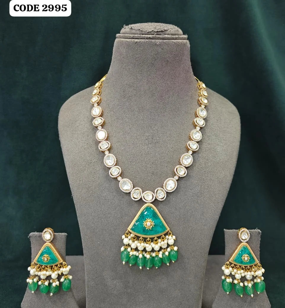 Luxury Purple Kundan Long Pendant Necklace Set with American Diamond Pearl Gold Plated Bridal Wedding Party Wear Jewelry Set