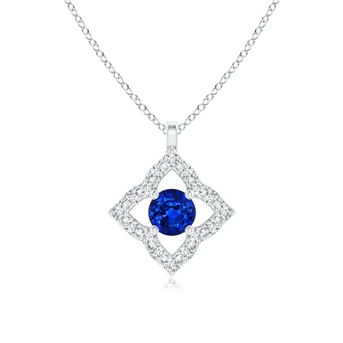 14K Gold Natural Round Blue Sapphire & Pave Sett Diamond Clover Design Pendant Link Chain Necklace Party Wear Unisex Pendant OEM