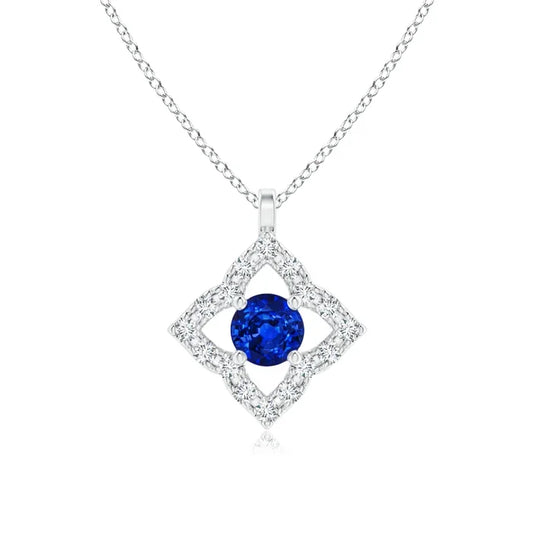 14K Gold Natural Round Blue Sapphire & Pave Sett Diamond Clover Design Pendant Link Chain Necklace Party Wear Unisex Pendant OEM