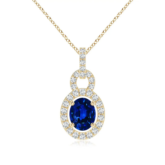 14K Gold Top Selling Floating 5x4MM Oval Cut Natural 0.3Ct Blue Sapphire Pendant With 0.14 Ct Diamond Halo Handmade Fine Jewelry