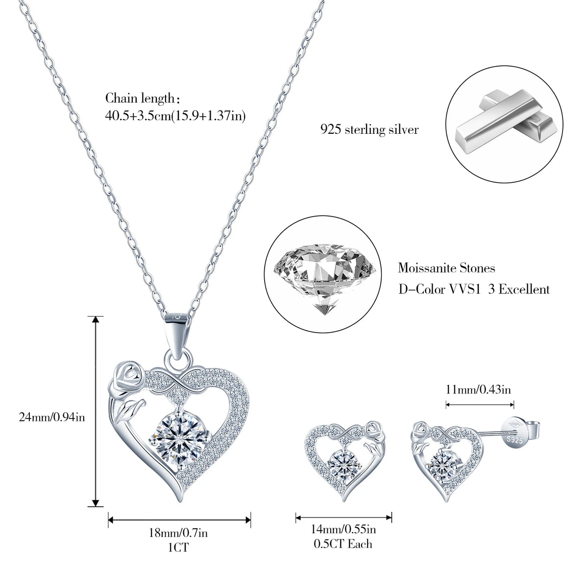 Jewelry Set Rose Edge Moissanite Stud Earrings 925 Sterling Silver Heart Shape Pendant Necklace