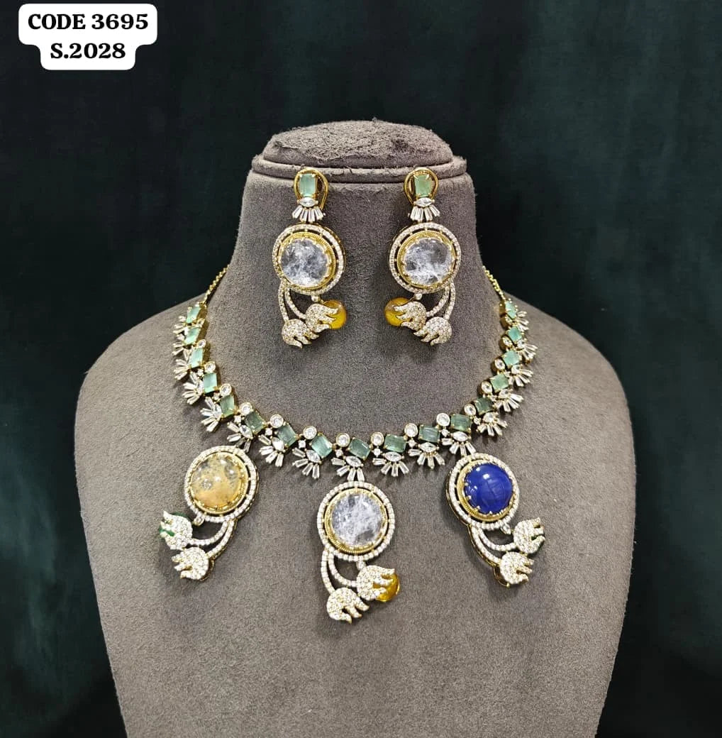 Elegant Sapphire Blue & Multi-Color Gemstone AD Accented Necklace Set Sapphire Blue Navette & Multi-Color Cabochon Stones