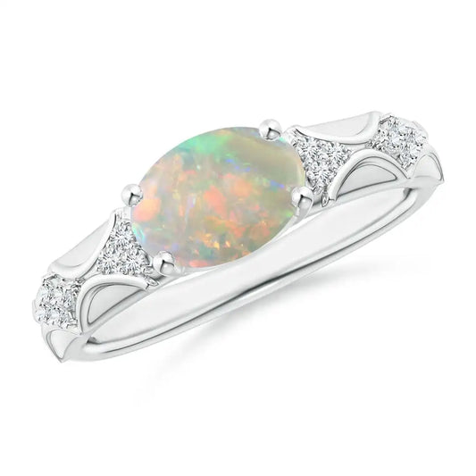 Top Quality 14K Pure Gold Oval Cut Natural Ethiopian Opal Vintage Style Wedding Ring with Accents Diamond Certified Fine Jewelry
