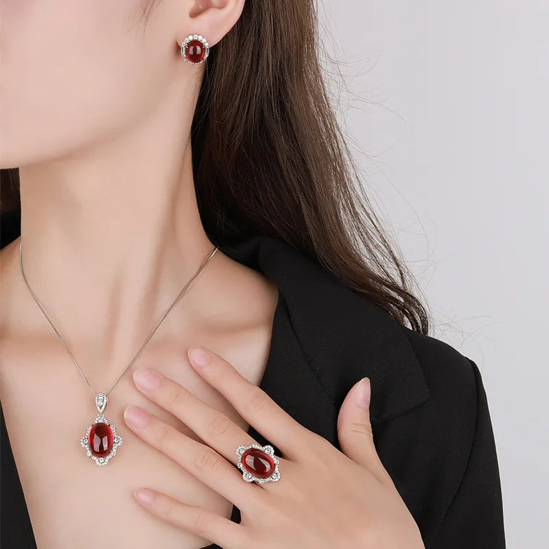 Gemfiori Luxury Oval Cabochon Ruby Jewelry Set Brass Plated Halo Pendant Necklace Ring Earring Vintage Royal Red Gemstone Wedding Jewelry