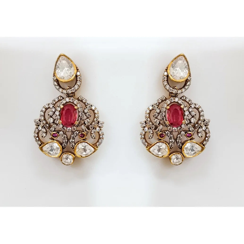 925 Silver Victorian Polki CZ Ruby Floral Pendant Necklace Earring Set Indian Bridal Handmade Antique Gold Plated Ethnic