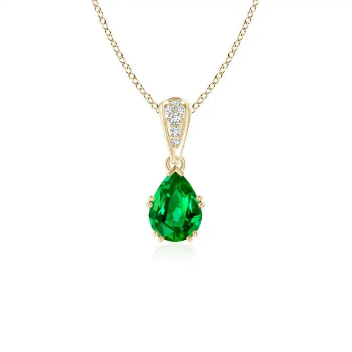 14k SOLID Gold Vintage Style Pear Cut Natural Emerald Drop Pendant With Diamonds Igi Certified Handmade Fine Jewelry Pendant