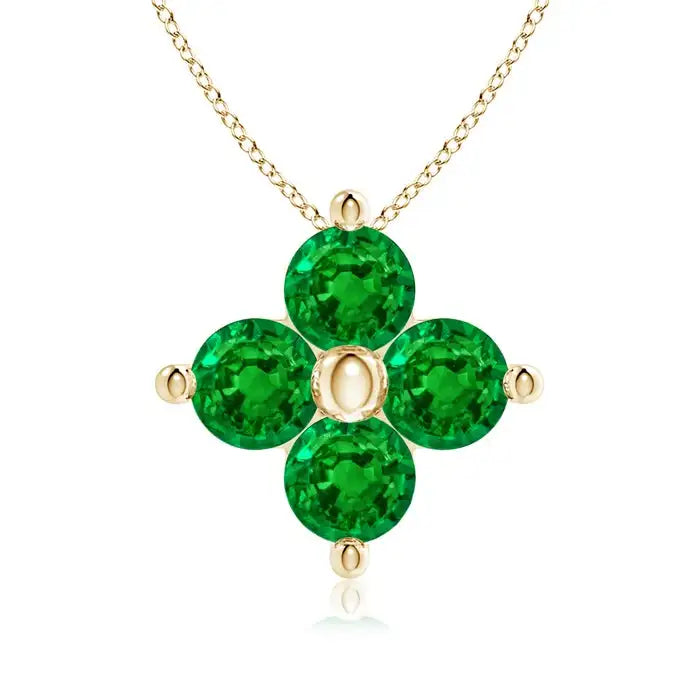 14K Gold Classic Round Cut Natural Emerald Gemstone Clover Shape Pendant Necklace Wholesale Prong Sett 4 Stone Clover Pendants