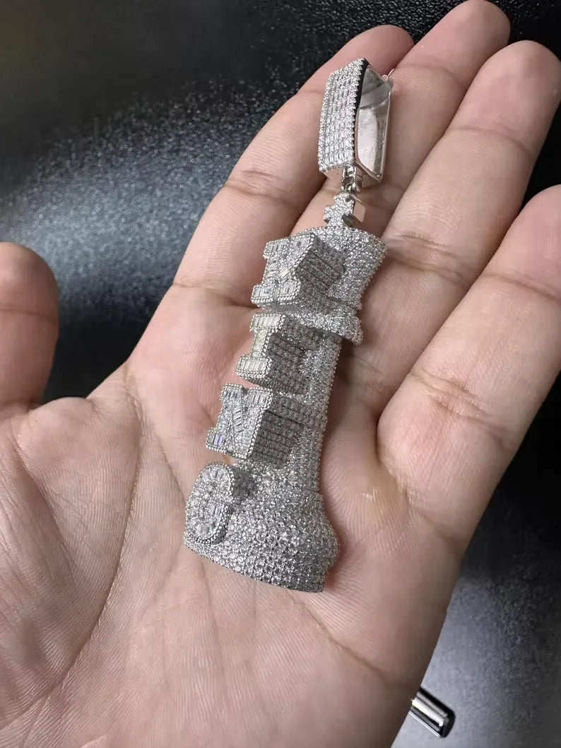 BiG-BOSS Iced Out King Chess Moissanite Freshwater Pearl Cushion Cut Luxury Sterling Silver Crown Design Hip Hop Pendant for Men