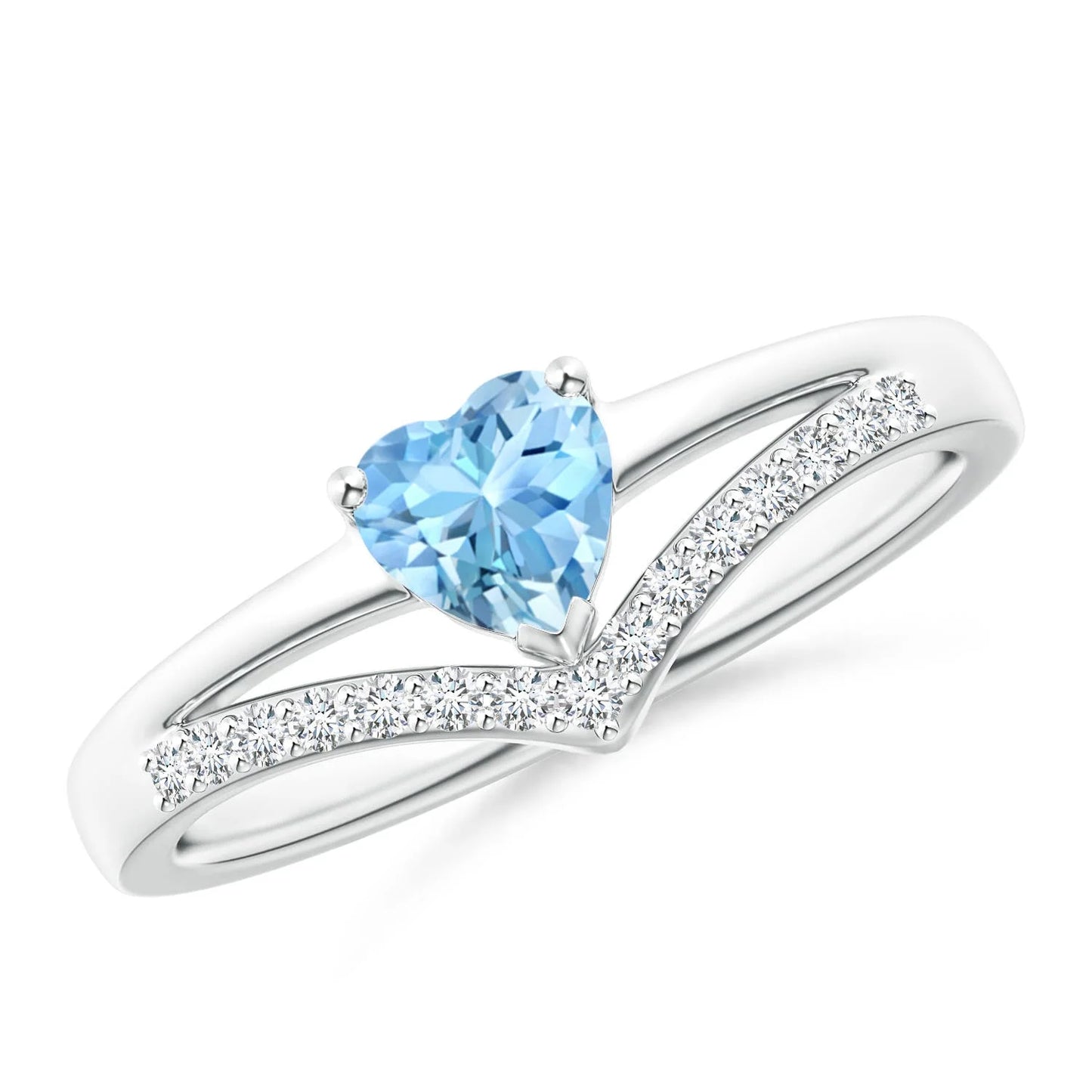 Top Quality Natural Heart Cut Aquamarine Gemstone With Pave Diamond Chevron Band Ring 14K Custom Handmade Wedding Ring For Her