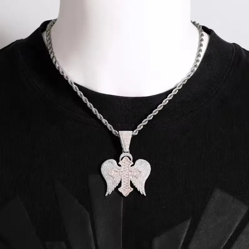 BiG-BOSS Iced Out Cross Wing Pendant Silver and Rose Gold Tone Hip Hop Jewellery for Men and Women