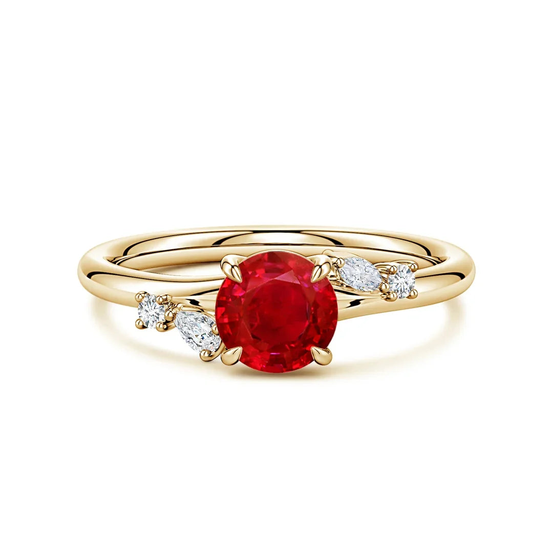 14K Gold Round Cut 1 Ctw Red Ruby Engagement Ring with Multi-Shape Diamond Accents Top Quality Handmade Custom Wedding Ring