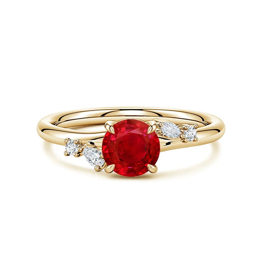 14K Gold Round Cut 1 Ctw Red Ruby Engagement Ring with Multi-Shape Diamond Accents Top Quality Handmade Custom Wedding Ring