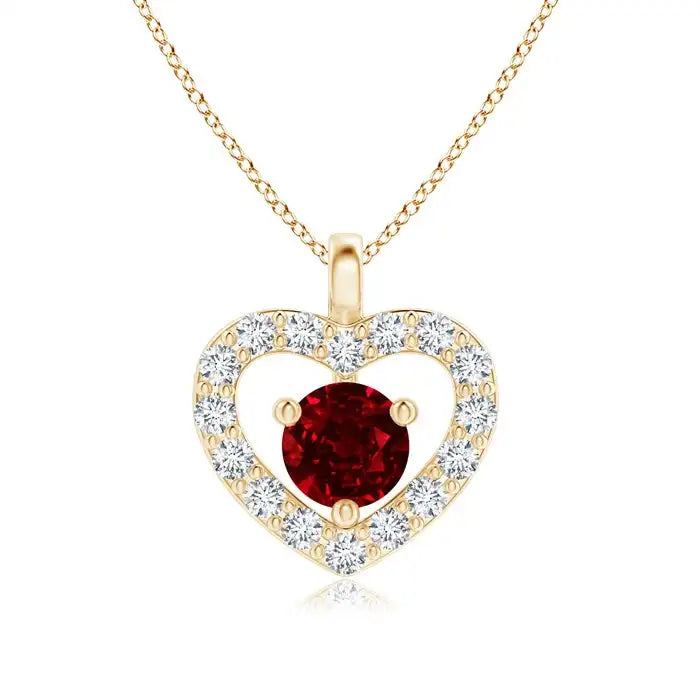14k Gold 0.1Ctw Red Ruby Solitaire Gemstone Open Heart Pendant With Pave Sett Diamonds Top Selling Handmade Fine Jewelry Pendant