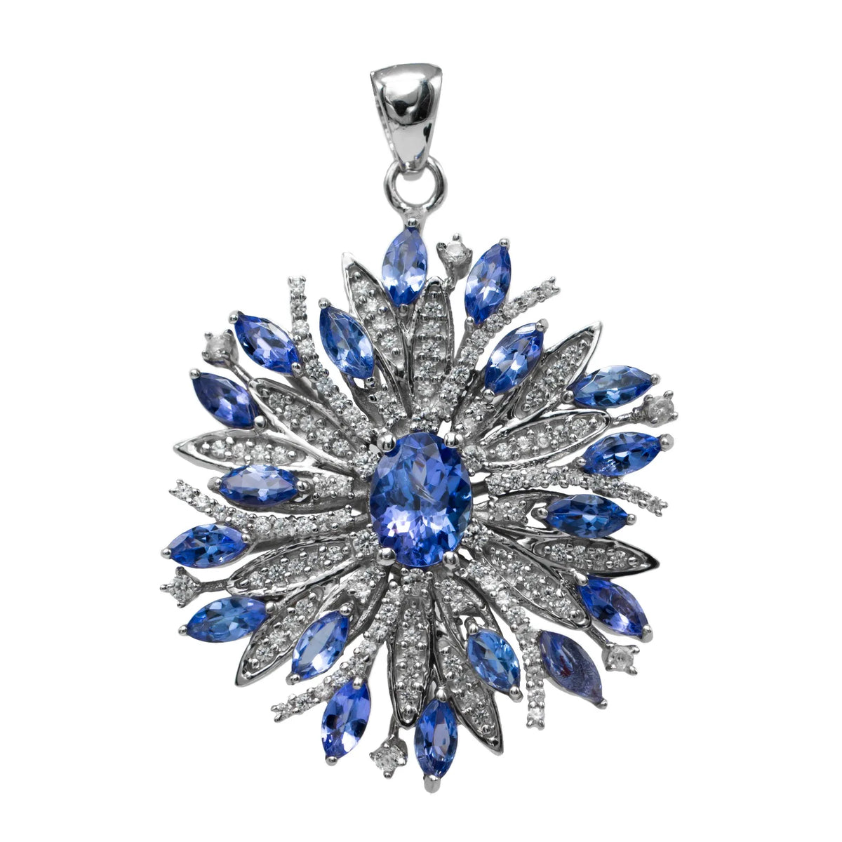 Exquisite 925 Sterling Silver Rhodium Blue Oval Gemstone Statement Pendant with Marquise Stones and Dazzling CZ Details