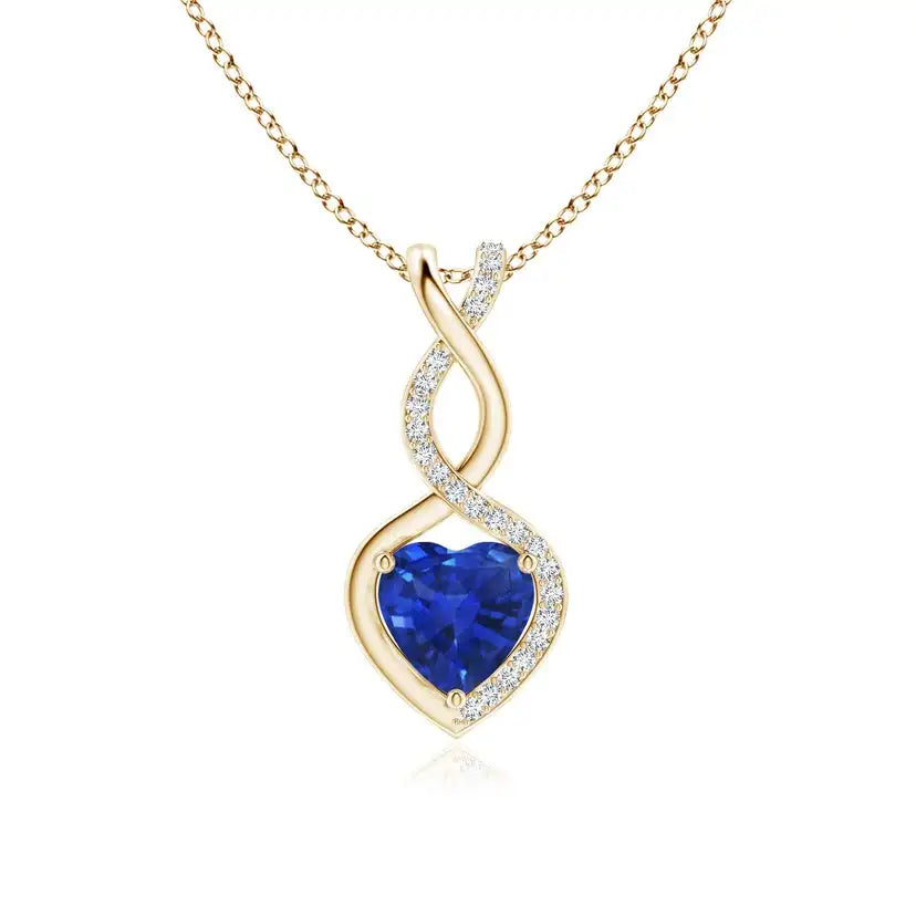 18k Pure Gold Heart & Infinity Design Natural Blue Sapphire With Diamond Accents Romantic Luxury IGI Certified Handmade Jewelry