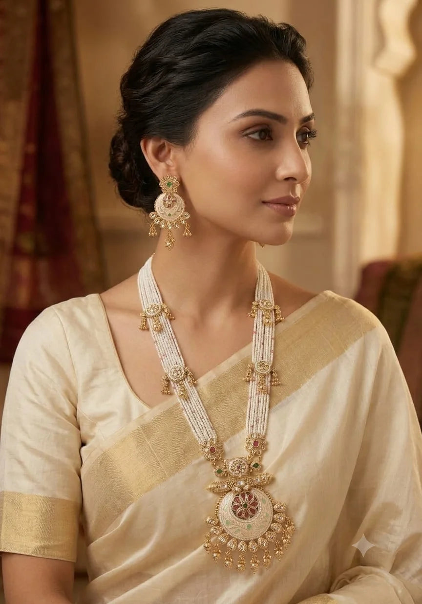 Premium Antique Gold Pearl Beaded Bridal Necklace Set with Designer Earrings Traditional Wedding Fashion Jewelry Set
