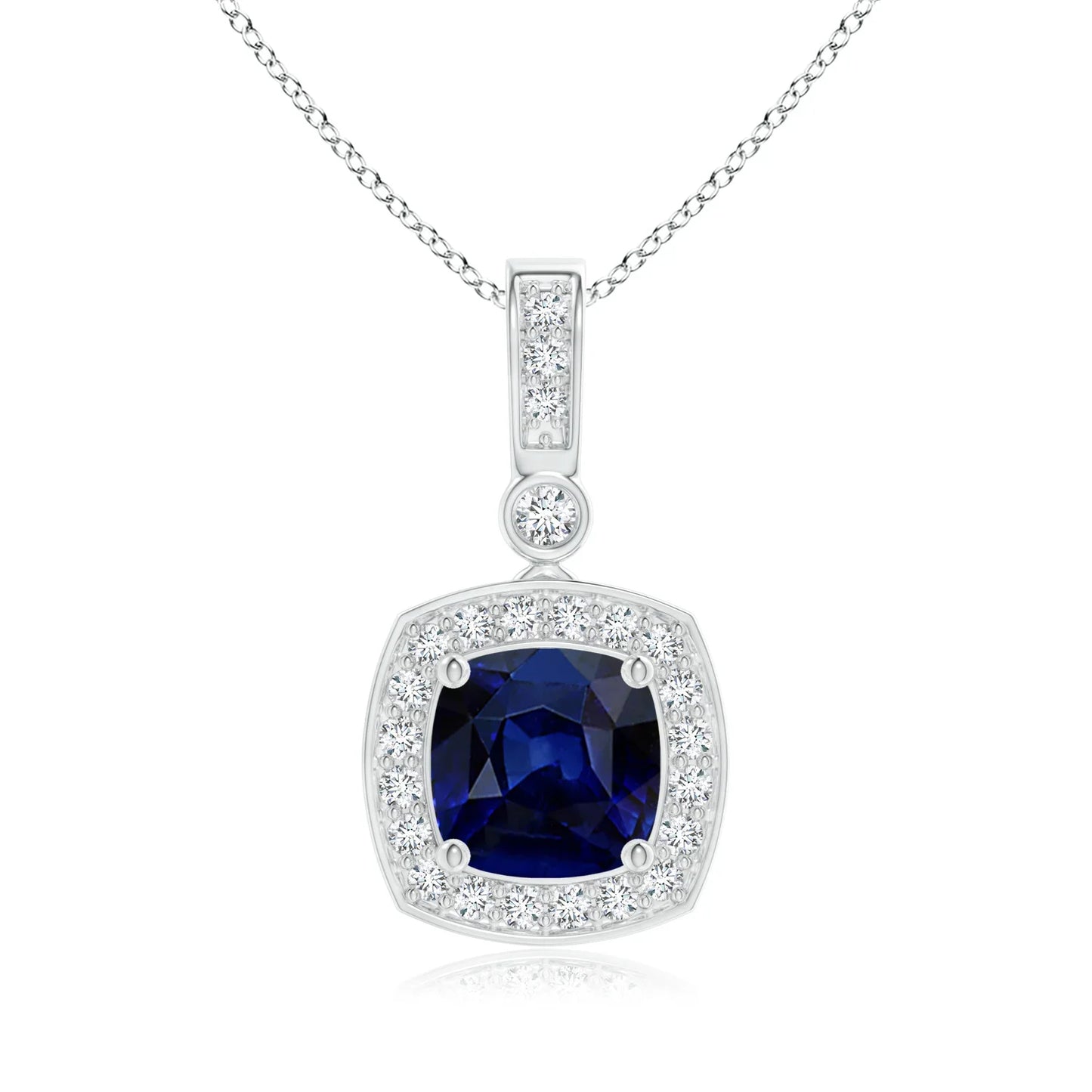 14k Gold Igi Certified Claw Sett Cushion Cut Blue Sapphire Pendant With Diamond Halo Set Wholesale Bulk Supplier Of Fine Jewelry