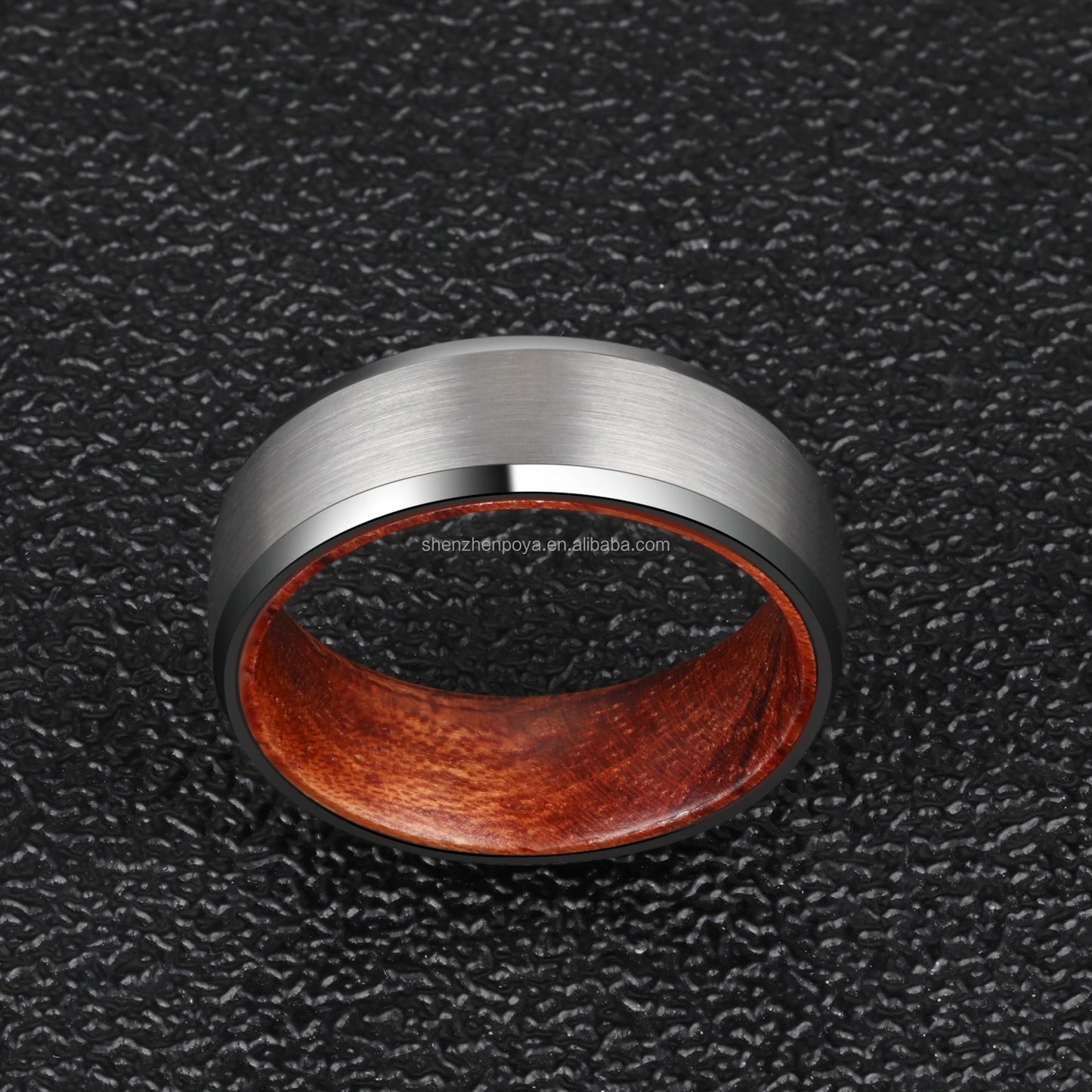 POYA 8mm Silver Black Tungsten Rose Wood Inlay Simple Mens Wedding Band Bevelved Edge Matte Finished