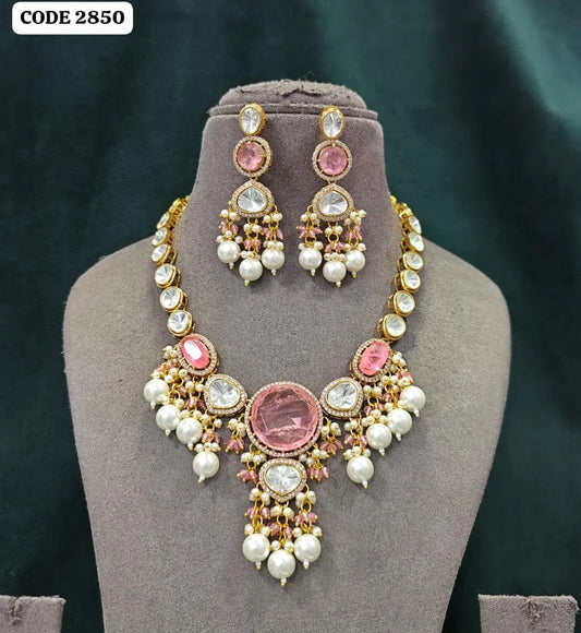 Lakshmi Luxury Pink Crystal Kundan Statement Necklace Set with American Diamond Pearl Gold Plated Bridal Wedding Party Jewelry Set