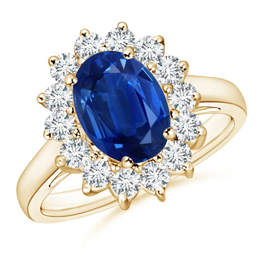 14K 18K Pure Gold Princess Diana Inspired Oval Cut Natural Blue Sapphire Engagement Ring with Diamond Hidden Halo Solitaire Ring