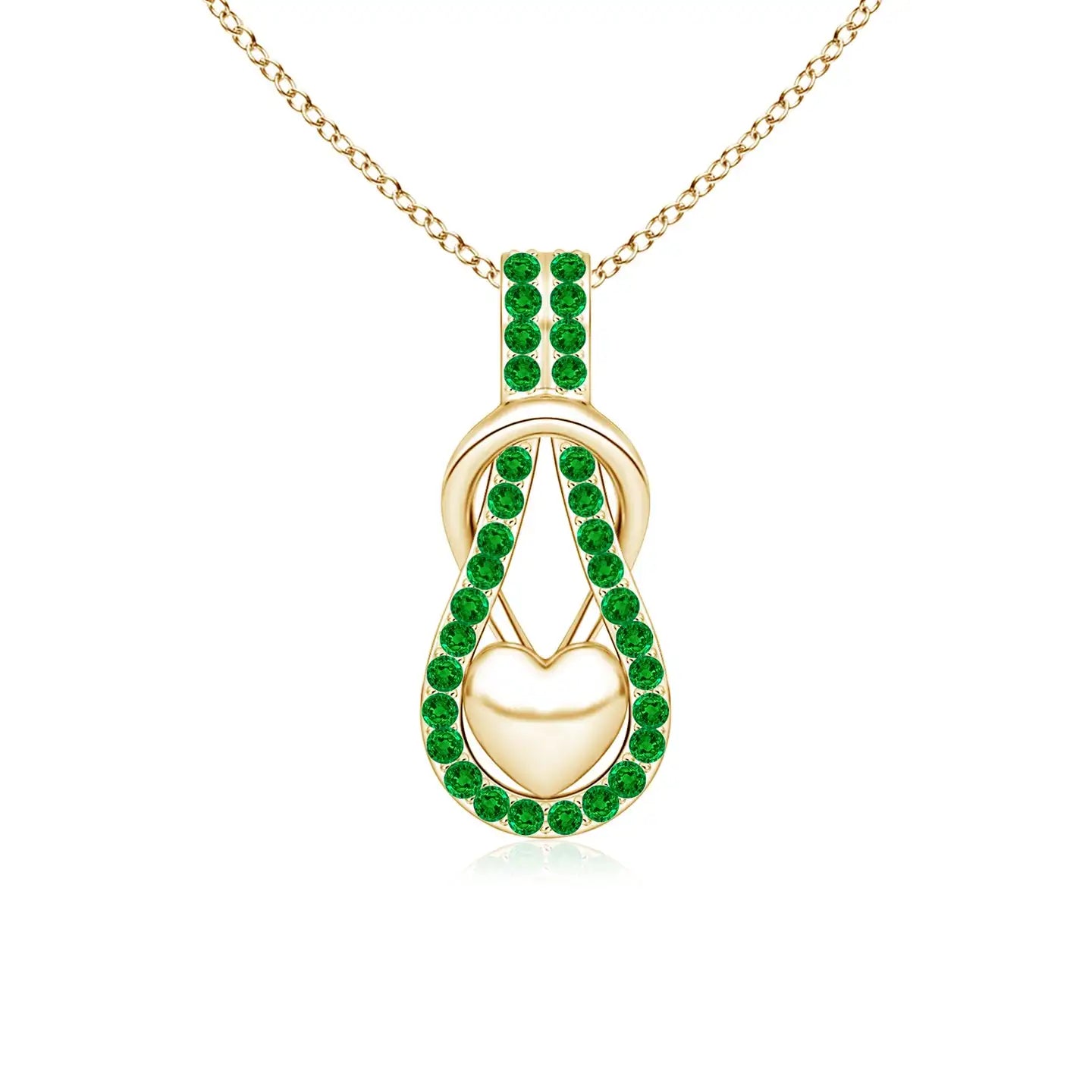 14K Pure Gold Natural Round Cut Emerald Beaded Infinity Knot Pendant With Gold Puffed Heart Beautiful Unisex Party Wear Pendant