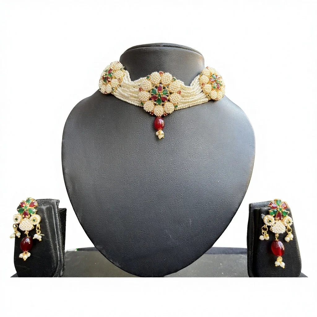 Indian Mores Gold Plated Brass Based Red Green Handcrafted Jaal Puwai Choker Set Women Jewelry Imitation Pearl Wedding Party