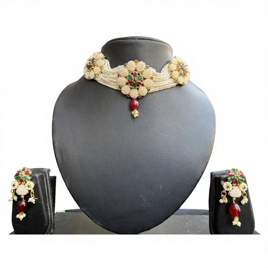 Lakshmi Handcrafted Jaal Puwai Choker Set | 18K Gold Plated Brass | Red & Green