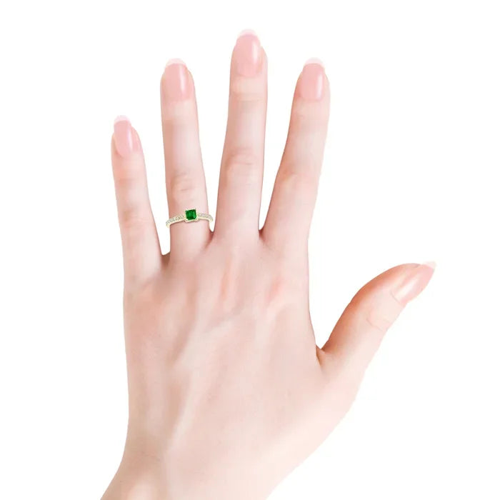 14K Solid Gold Solitaire Square Emerald Ring with Diamond Accents Handmade Customized Fine Jewelry Wedding Engagement Ring