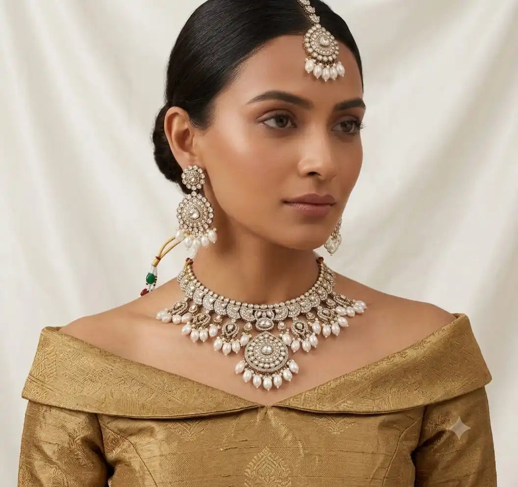 Wholesale Prime Polki Kundan Choker Necklace Set with Earrings and Maang Tikka Bridal Wedding Party Wear Gold Plated Jewelry