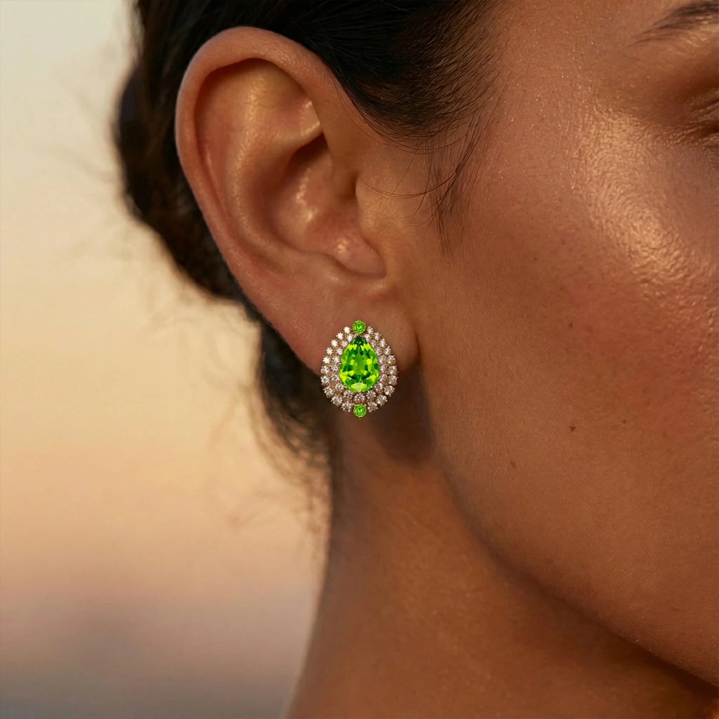 Luxurious Cute Halo Pear Cut Stud Earrings for Women Natural Peridot Gemstone and Real Diamonds Halo Studs 14k Solid Gold Gift