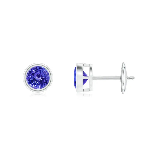 Natural Blue Tanzanite Stud Earrings 14kt Solid Gold Bezel Set Round Cut Minimalist Fine Lightweight Comfortable Wear Jewelry