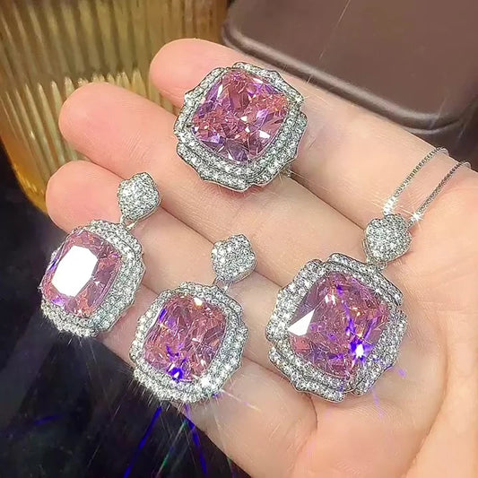 Vintage Emerald Lab Diamond Green Semi Joias Jewelry Set Gold Earrings Ring Necklace Cushion Cut Square Fusion Crystal for Gifts