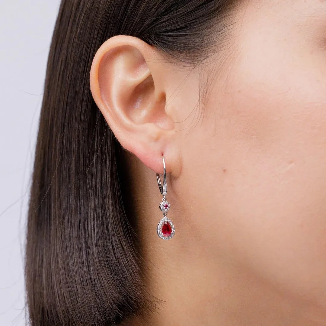 Pear Cut Ruby Halo Drop Dangle Earrings With Natural Diamond Accents 14kt Yellow Gold Women's Bridal Jewelry
