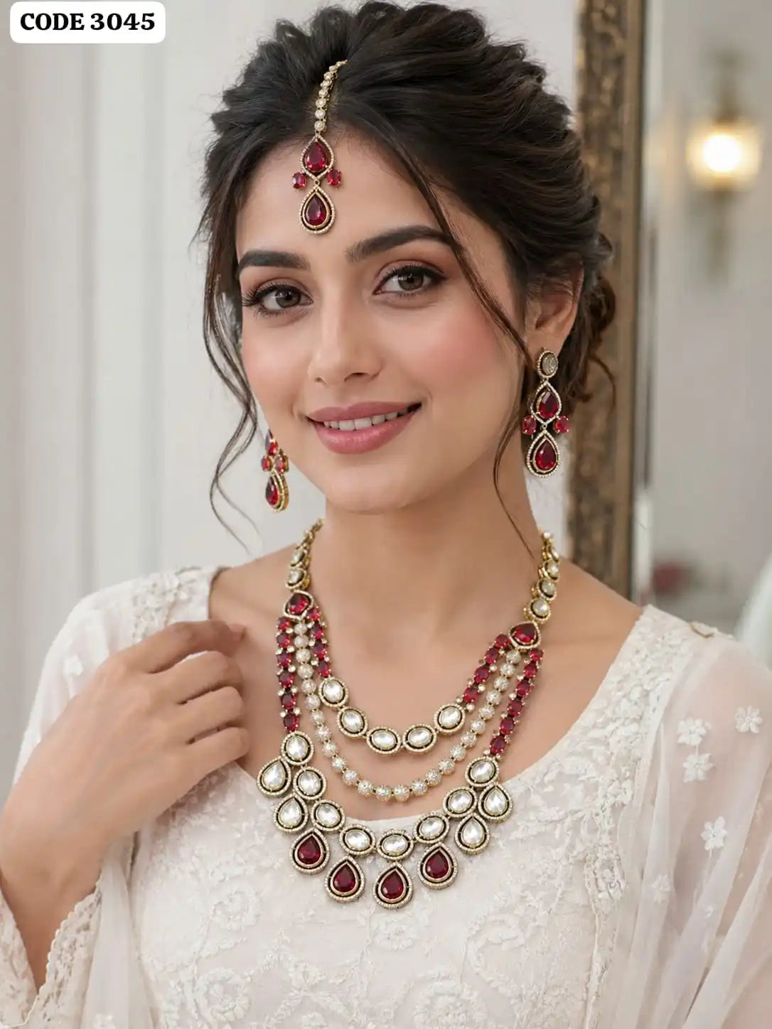 Luxury Kundan Necklace Set for Women Gold Plated CZ Bridal Wedding Party Traditional Ruby Pearl Jewelry with Earrings
