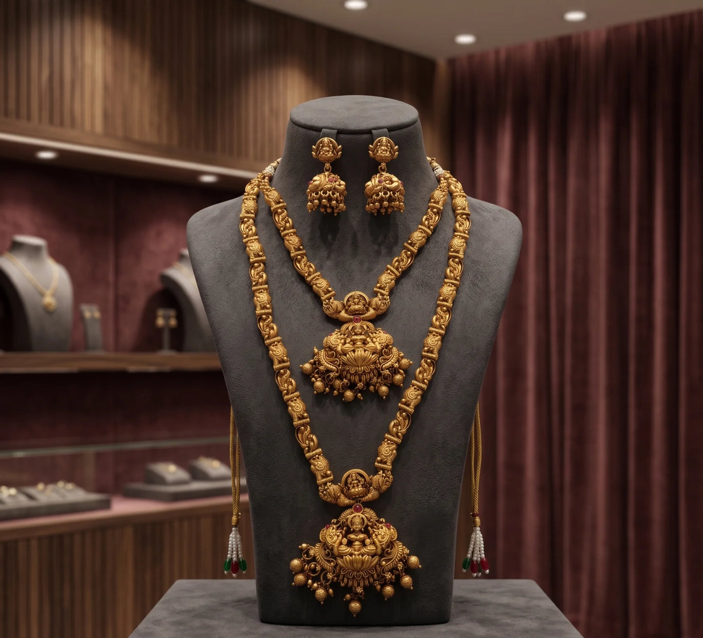 Divyoro Ethnic Classic 24K Gold Plated Necklace Earrings Set Women's Wedding Engagement Jewelry HINDUISM Tassel Design