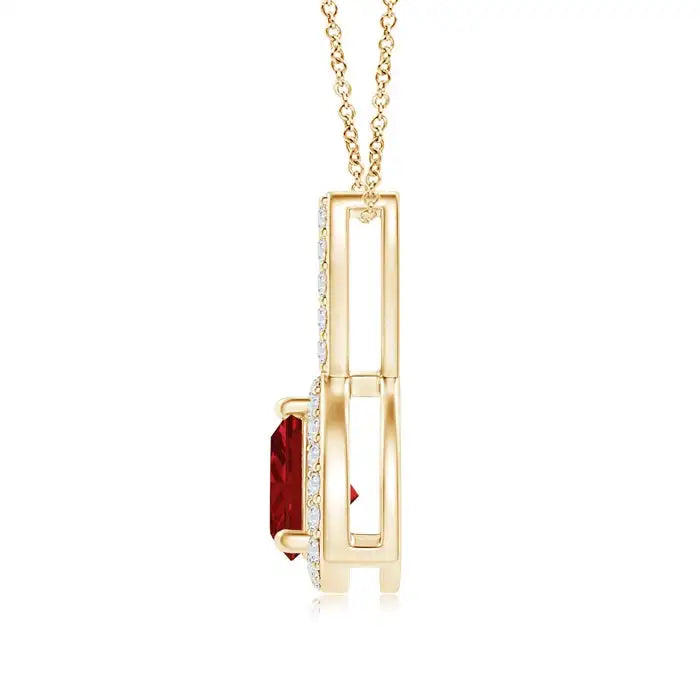 14K Gold Natural Trillion 0.43Ctw Red Ruby Halo Diamond Pendant With Curved Bale Classic Fine Jewelry Anniversary Gift For Her