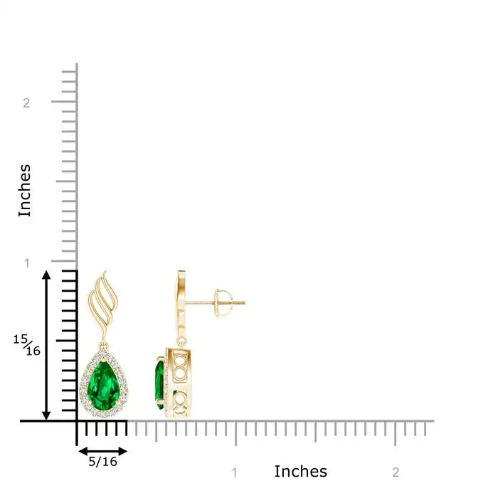 Emerald Halo Diamond Drop Earrings Pear Shape Emerald Dangle Earrings in May Birthstone 14K Rose Gold Leaf Design Jewelry