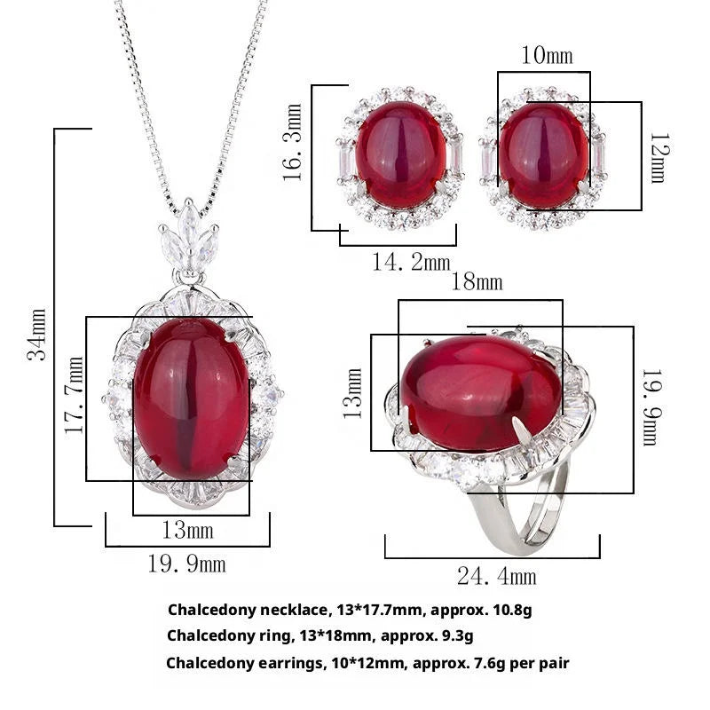 Gemfiori Luxury Pigeon Blood Ruby Jewelry Set Cabochon Cut Red Gem Halo Pendant Necklaces Earring Rings Timeless Classic Elegant Wedding