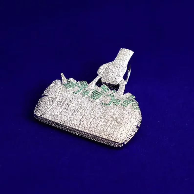 BiG-BOSS Iced Out Money Bag Pendant In My Bag Design Fully Moissanite Encrusted Silver Finish Hip Hop Style Jewellery for Men
