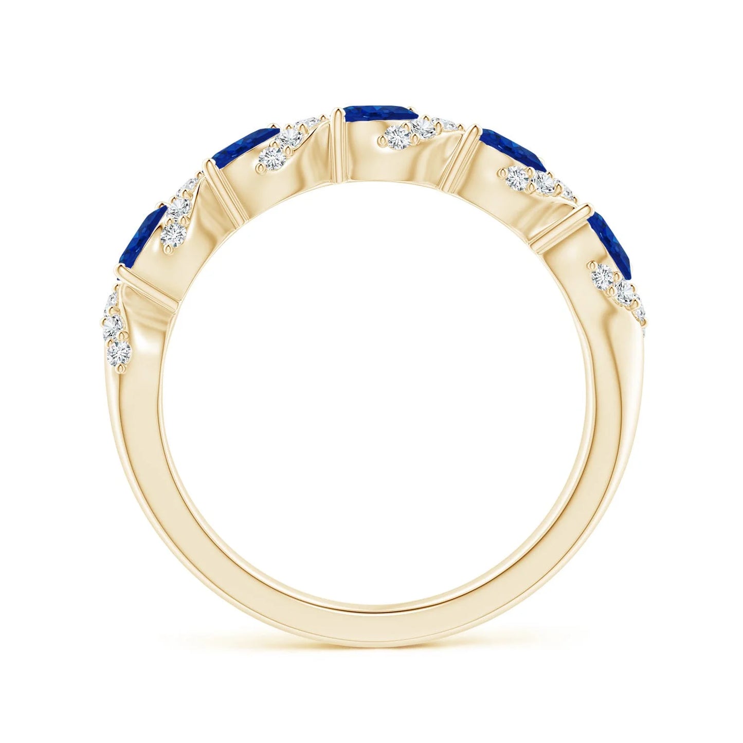14K Solid Gold 4*3MM Oval Cut Natural Blue Sapphire Five Stone Swirl Ring with Diamonds Fine Jewelry Half Eternity Wedding Ring